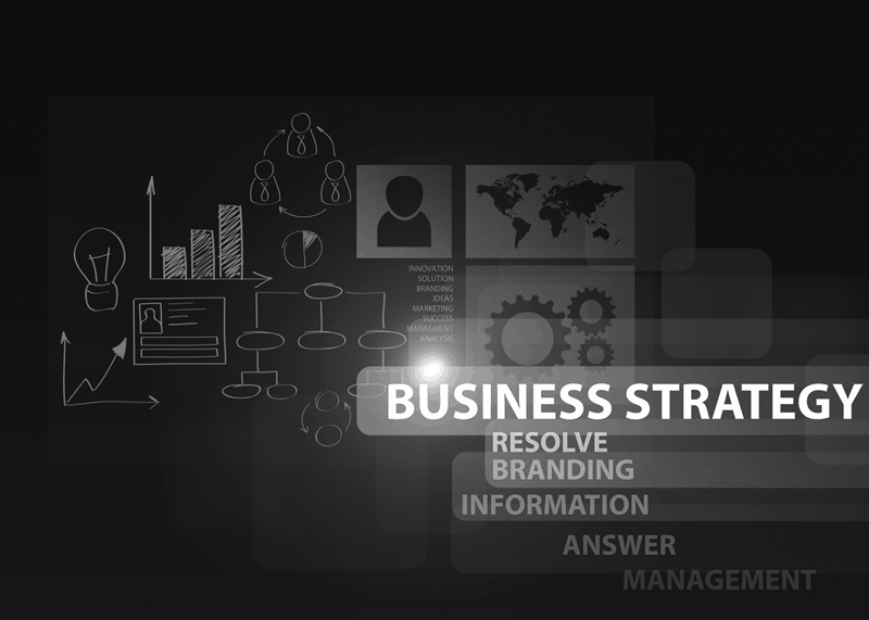 Text on the image says Business Strategy, Resolve Branding, Information, Answer, Mangement. There are lots of icons in the background representing a drawn out PR reputation management strategy.